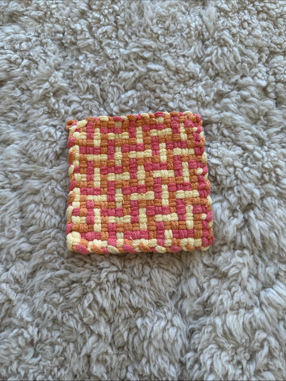 Handwoven Cotton Pink and Yellow Loom Coaster/ Potholder
